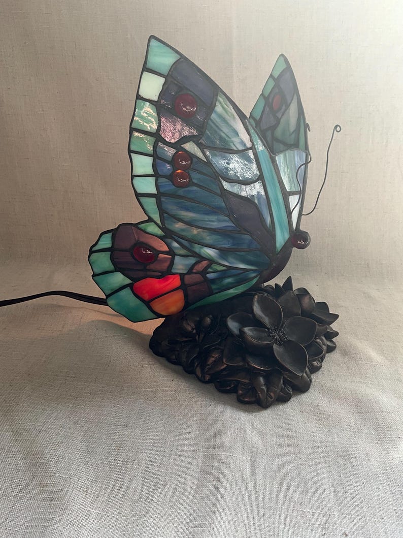 Vintage Tiffany Style Butterfly Stained Glass Table Lamp Works Etsy