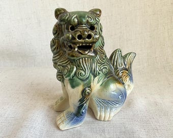 Vintage Pottery Glazed Foo Dog Guardian Statue