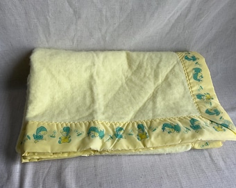 Vintage Yellow Baby Blanket Bordered With Blue Animals