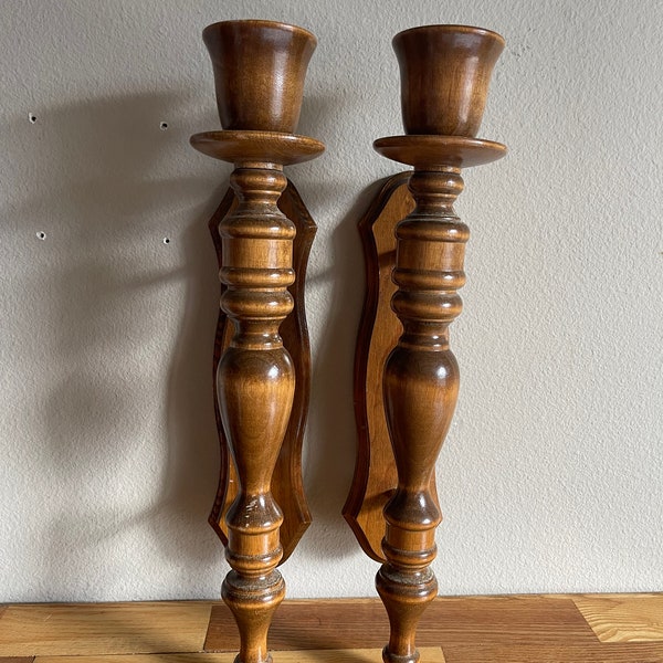 Vintage Pair of Large Wooden Candle Wall Sconces