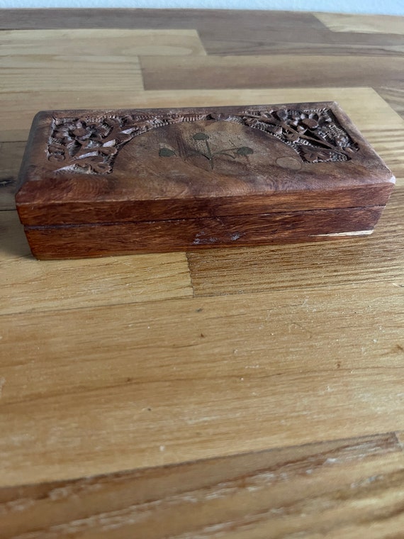 Vintage Hand Carved Wooden Box - Etched With Brass - image 2