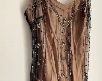 Vintage Dave And Johnny Tan & Black Beaded Spaghetti Strap Formal Dress | SZ 1/2