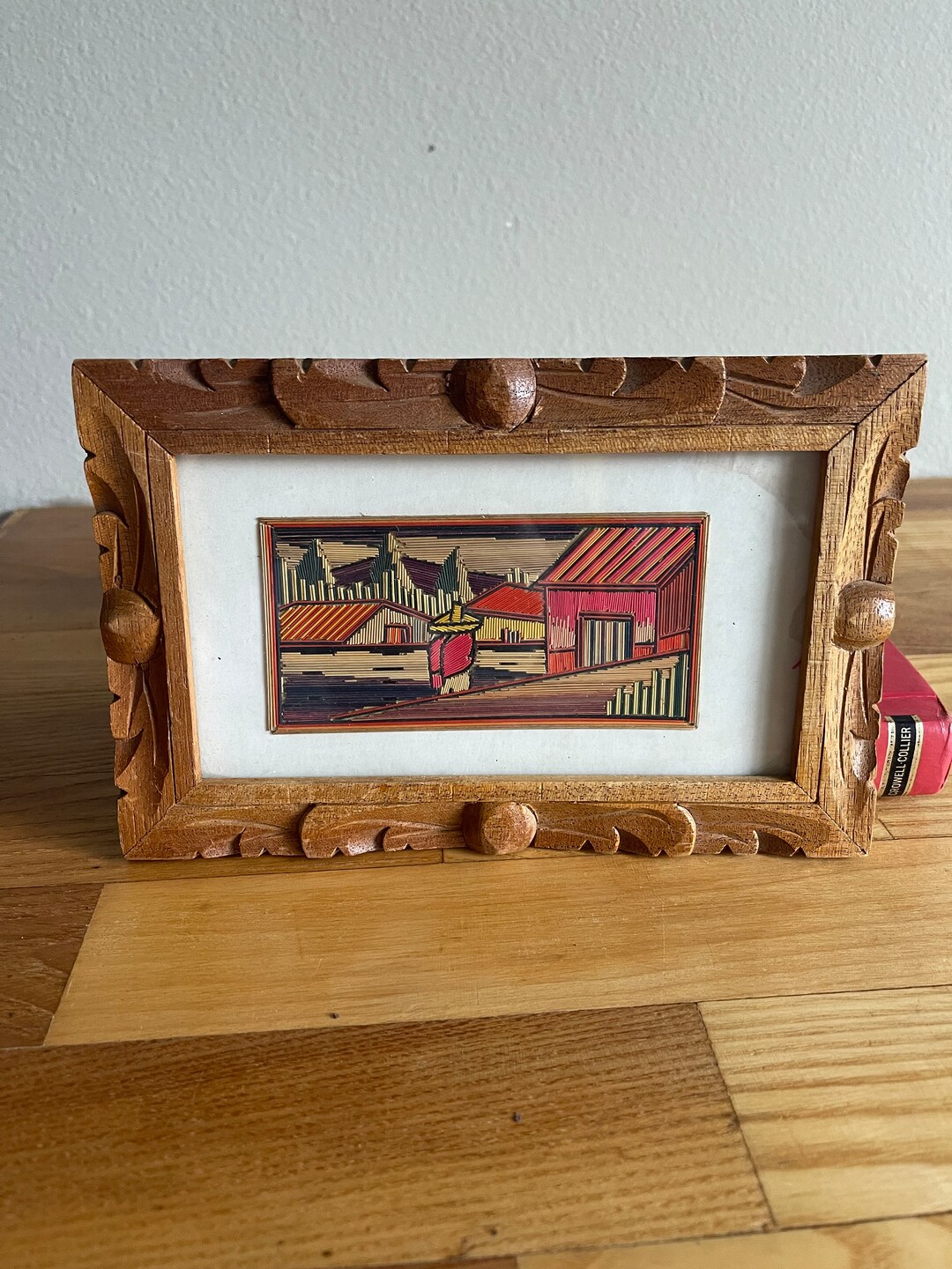 Vintage Mexican Straw Art Hand Carved Wooden Frame Etsy