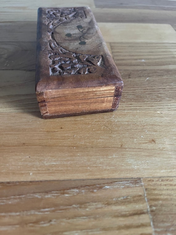 Vintage Hand Carved Wooden Box - Etched With Brass - image 3