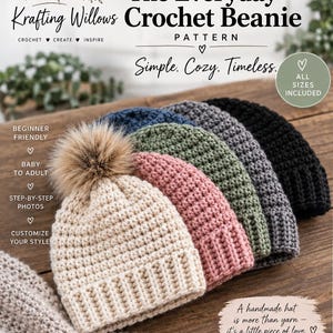 May include: A collection of five crocheted beanies in cream, pink, sage green, gray, and black, each featuring a ribbed brim and a textured stitch pattern. The cream beanie is topped with a brown faux fur pom-pom. Text includes The Everyday Crochet Beanie Pattern.