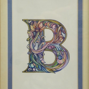 Letra "B" iluminada: monograma botánico pintado a mano en acuarela y tinta