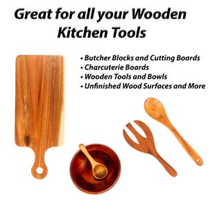 May include: Wooden kitchen tools and cutting boards are displayed. A wooden cutting board with a handle, a wooden bowl with a spoon, a fork, and a spoon are shown. The text "Great for all your Wooden Kitchen Tools" is at the top.