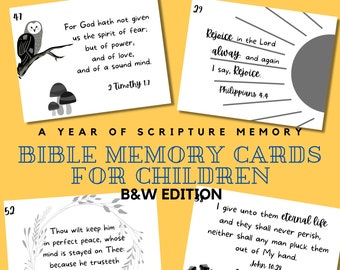 Bible Memory Verse Cards for Children, 52 Weekly Verses, KJV, Black & White (Greyscale), Digital Download, One Year Bible, Sunday School