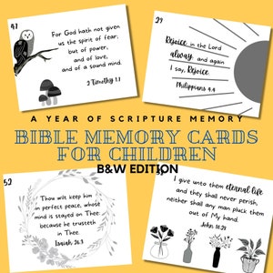 Tarjetas de versículos bíblicos para memorizar para niños, 52 versículos semanales, KJV, blanco y negro (escala de grises), descarga digital, Biblia de un año, escuela dominical