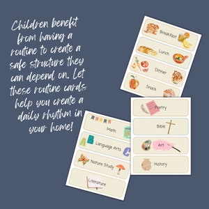 May include: Colorful printable cards with illustrations and text for a daily routine for children. The cards include activities like math, language arts, nature study, literature, breakfast, lunch, dinner, snack, poetry, bible, art, and history.