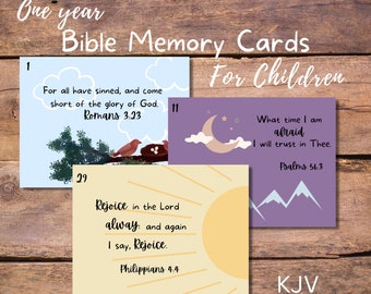 Bible Memory Verse Cards for Children, 52 Weekly Verses, KJV, Digital Download, One Year Scripture Memory Program, Homeschool, Sunday School