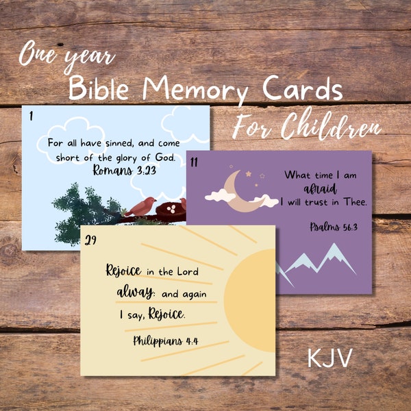 Bible Memory Verse Cards for Children, 52 Weekly Verses, KJV, Digital Download, One Year Scripture Memory Program, Homeschool, Sunday School