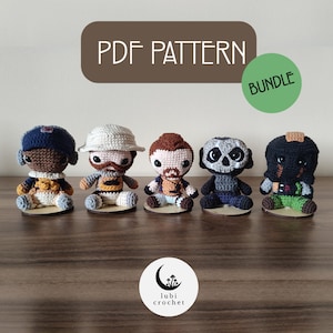 May include: A set of five crocheted amigurumi figures, each with unique features and clothing. The figures are displayed on wooden bases and include a soldier, a pilot, a man with a beard, a skull-faced figure, and a figure with a black helmet. The image includes the text "PDF PATTERN BUNDLE".