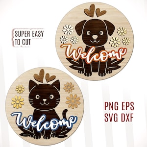 Dog and Cat Door Hanger SVG Bundle, Welcome Sign svg, Laser Cut Files, Cat Door Sign, Dog SVG, Cat SVG,  Puppy Svg, Pet Ornament Laser Svg