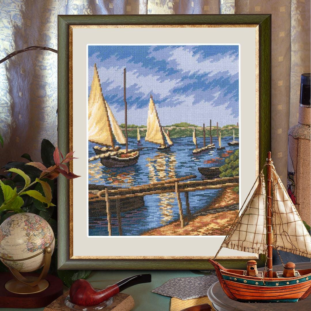 大判　クロスステッチ完成品「帆船」 帆船 RTO クロスステッチキット：海辺の刺繍（上級） - Etsy 日本