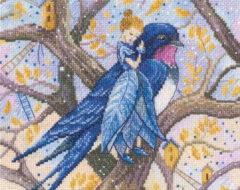RTO geteld borduurpakket Duimelijntje, sprookjesverhaal: meisje en vogel DIY-borduurwerk