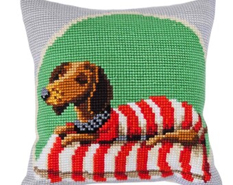 Needlepoint Pillow Kit Dachshund Dog on Couch: cross stitch cushion on printed canvas