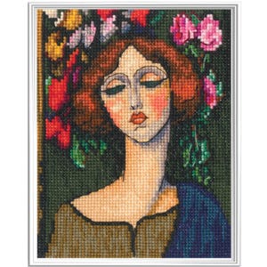 May include: A framed cross-stitch portrait of a woman with closed eyes, adorned with a floral crown. The artwork features a color palette of reds, greens, and browns, with a blue shawl and a neutral-toned background. The woman has rosy cheeks and lips.