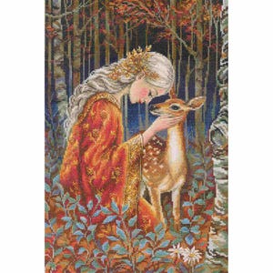May include: A cross-stitch image shows a woman with long silver hair and a golden crown, caressing a fawn in a forest. The woman wears a red and gold patterned robe. The background features autumn foliage and birch trees.