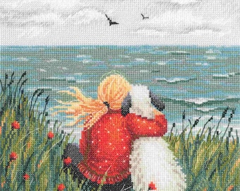 RTO counted cross stitch Kit Girl and dog by the sea DIY Embroidery