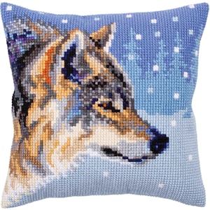 ニードルポイント ピローキット ウィンターウルフコレクション DArt 5303、DIY タペストリー、クッション クロスステッチ、刺繍プリント キャンバス 16"x16"/40 x 40 cm