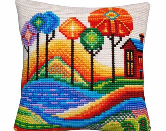 Needlepoint Pillow Kit Blue Lake: Collection DArt cross stitch cushion on printed canvas
