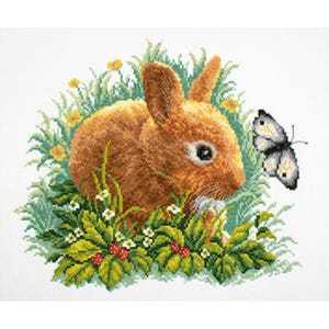 Kit de punto de cruz contado RTO Conejo y mariposa M323 / Conejito y flores / Kit de bordado DIY para escondite de animales
