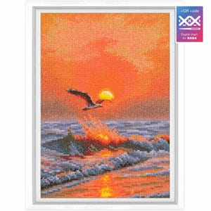 May include: A cross-stitch pattern showing a seagull flying over a wave with a sunset in the background. The sky is a vibrant orange and yellow, and the water is a deep blue.