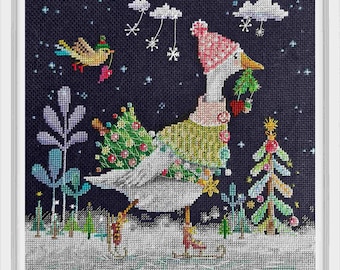 魔法のスケート靴を履いたガチョウ RTO クロスステッチキット - 冬の雪のクリスマス刺繍