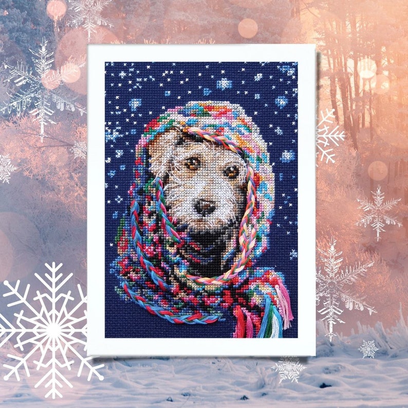 RTO counted cross stitch kit Winter dog M702 / Christmas present / Dog in the warm scarf DIY Embroidery kit