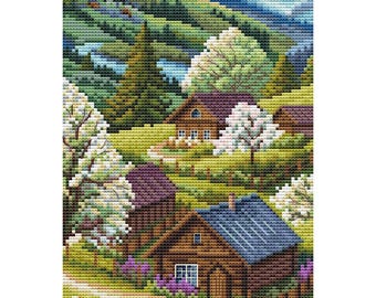 Сounted cross stitch kit Springtime in Highlands, Nature Mountains landscape Embroidery, Collection DArt