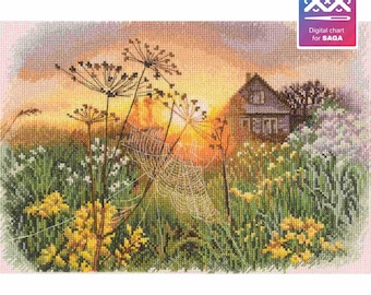 RTO counted cross stitch kit Through the cobweb M867 / Countryside landscape / Cottage meadow nature DIY Embroidery kit