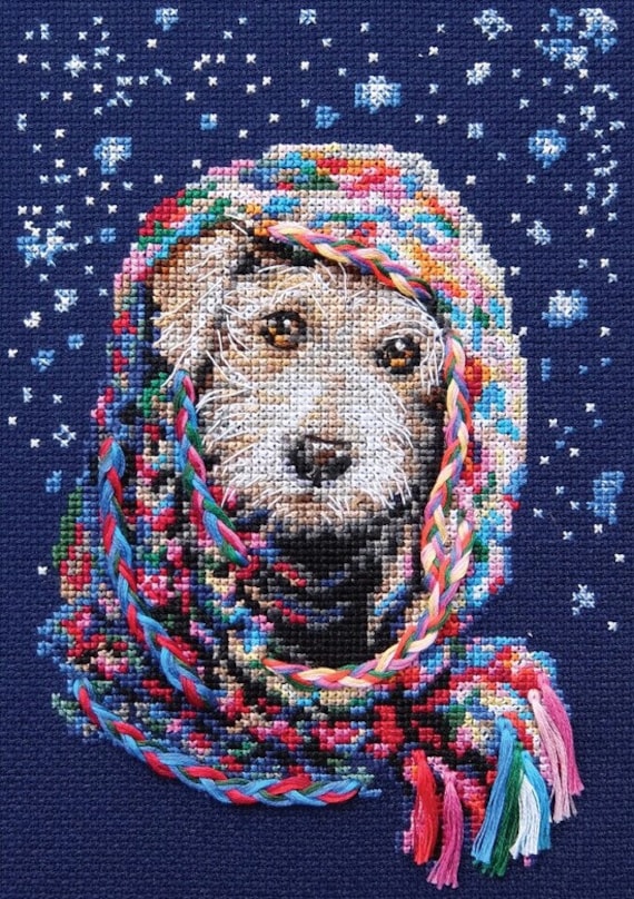 RTO cross stitch kit Winter dog Warm scarf: Christmas present Embroidery