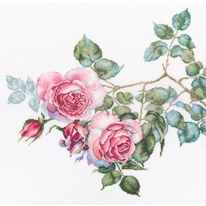 May include: A delicate floral cross stitch pattern featuring pink roses and green leaves on a white background.