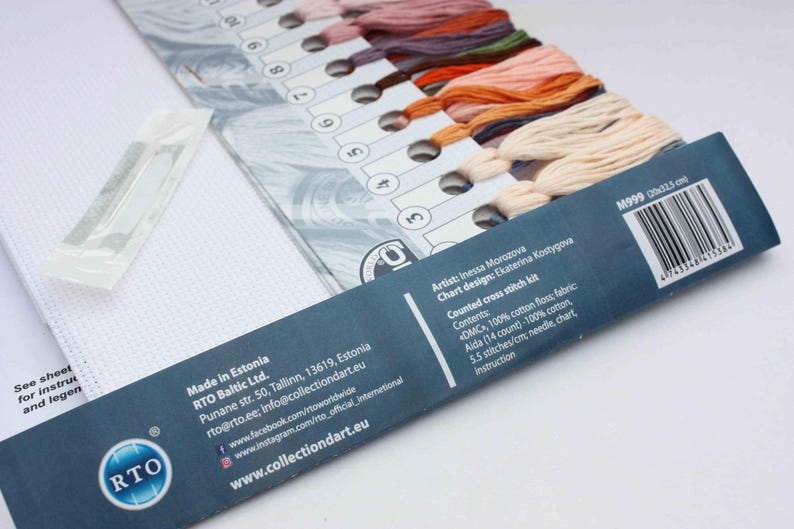 May include: A close-up of a cross stitch kit with a variety of coloured threads, a piece of Aida fabric, and a needle. The kit includes instructions and a chart for the design. The kit is made in Estonia by RTO Baltic Ltd. and is available on the website www.collectiondart.eu.