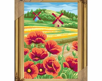 Windmill and Poppies Tapestry printed kit needlepoint, Collection DArt