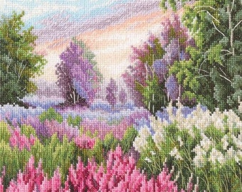 Meadow Landscape RTO Cross Stitch Kit: Countryside Cottage Flowers, Blossom landscape Embroidery