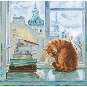 RTO counted cross stitch kit Cat on window M671 / Pet cozy home silver morning / Funny animal Embroidery kit