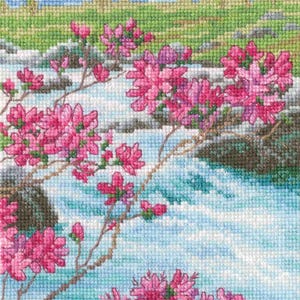 RTO counted cross stitch kit Pink blossom in mountains M963 / In the moment / River flowers landscape DIY Embroidery kit