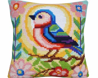 Needlepoint Pillow Kit Bird on Branch: Collection DArt cross stitch cushion on printed canvas
