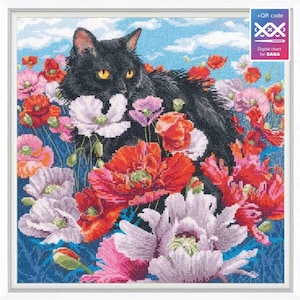RTO counted cross stitch kit Black cat among flowers M913 SAGA / Animal/ Poppies DIY Embroidery kit