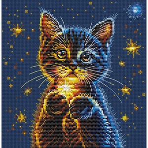 May include: Cross-stitch art of a cat holding a glowing star against a dark blue background with golden stars. The cat's fur is a mix of brown, orange, and blue, with detailed stitching. Whiskers and eyes are highlighted.