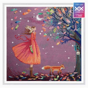 May include: A cross-stitch pattern depicting a woman in a red dress standing in a field of colourful leaves with a fox walking beside her. The woman is holding a book and there is a tree in the background with a birdhouse and a mailbox.