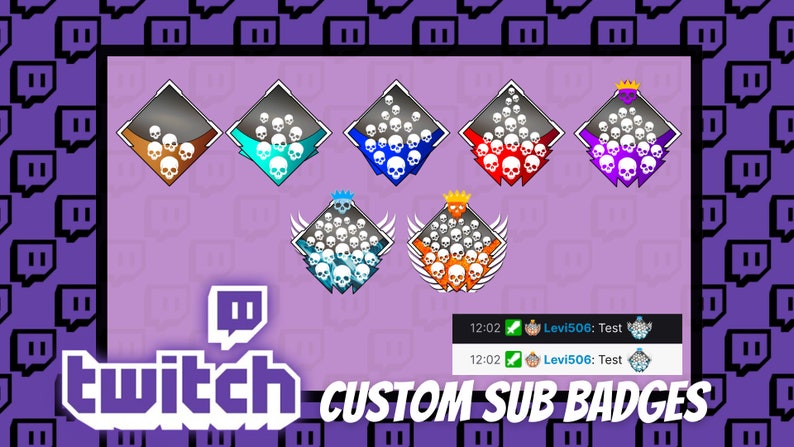 May include: A collection of custom Twitch sub badges featuring skull designs in various colors, including brown, teal, blue, red, and purple. The badges are diamond-shaped with a skull icon. The background is purple with Twitch logos and the text "CUSTOM SUB BADGES".