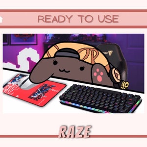 May include: A cartoon illustration of a gaming setup featuring a mouse, keyboard, and mousepad. The mousepad is red with white and blue graphics. The keyboard has colorful LED lights. The text "READY TO USE" and "RAZE" are displayed.
