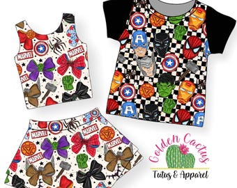 Conjunto deportivo de superhéroes de acción: falda, shorts, camiseta, parque temático, verano. PREVENTA