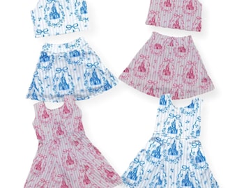 May include: Two sets of sleeveless crop tops and skirts, and two sleeveless dresses. The garments feature a repeating pattern of blue or pink castles framed by bows and stripes. The fabric is white with either blue or pink printed designs.