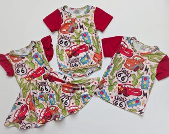 Route 66 Sibling matching outfits tee and twirl dress bubble Romper