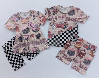 Vintage Radiator Springs Summer Sets peplum biker shorts sets checkered Carsland