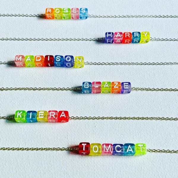 Neon Custom Word Letter Necklace | Block Letters Custom Charm Beads Name Personalized Cube Text Necklace Initials Y2K Gift | Silver or Gold